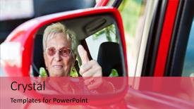  Presentation with older car - Slide set having roadway safety - older woman wearing a seatbelt background and a red colored foreground