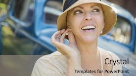  Presentation with vintage car - Colorful PPT theme enhanced with roaring twenties - beautiful 1920s dressed girl near backdrop and a soft green colored foreground