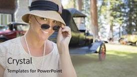  Presentation with vintage car - Presentation theme consisting of roaring twenties - beautiful 1920s dressed girl near background and a mint green colored foreground