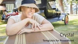  Presentation with vintage car - Colorful presentation design enhanced with roaring twenties - pretty 1920s dressed girl backdrop and a coral colored foreground