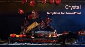  Presentation with cooking fire - Presentation theme with roast-bbq-steak-on-fire background and a wine colored foreground