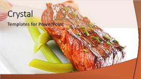  Presentation with roast beef - Slide deck featuring roast beef meat fillet entrecote served with tomato on white plate isolated over white background background and a coral colored foreground