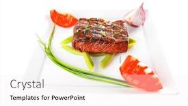  Presentation with roast beef - Presentation theme enhanced with roast beef meat fillet entrecote served with tomato on white plate isolated over white background background and a white colored foreground