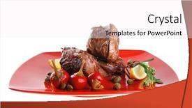  Presentation with roast beef - Cool new PPT layouts with roast beef meat fillet medallion with cherry tomatoes and hot peppers on red plate isolated on white background backdrop and a white colored foreground