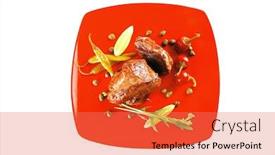 Presentation with roast beef - Slides with roast beef meat fillet medallion with cherry tomatoes and hot peppers on red plate isolated on white background background and a coral colored foreground