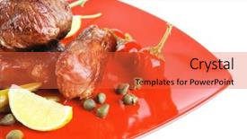  Presentation with roast beef - Cool new presentation with roast beef meat fillet medallion with cherry tomatoes and hot peppers on red plate isolated on white background backdrop and a red colored foreground