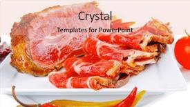  Presentation with roast beef - Slide deck consisting of roast beef meat rolls and chunk on white platter background and a coral colored foreground