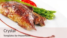  Presentation with roast beef - Slide deck featuring roast beef meat served with asparagus on white background and a coral colored foreground