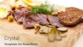  Presentation with roast beef - Presentation design consisting of roast beef with pickled cucumber and onions boiled potato mushrooms and toast background and a coral colored foreground