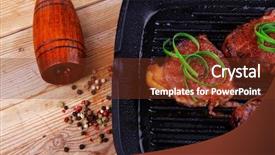  Presentation with roast beef - Audience pleasing theme consisting of roast bloody beef fillet steaks on black grill plate on wood backdrop and a tawny brown colored foreground