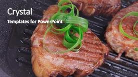  Presentation with roast beef - Amazing PPT theme having roast bloody beef fillet steaks on black teflon grill plate with green leaves isolated on white background backdrop and a dark gray colored foreground