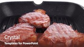  Presentation with roast beef - PPT layouts consisting of roast bloody beef fillet steaks on black teflon grill plate isolated on white background background and a tawny brown colored foreground