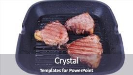  Presentation with roast beef - PPT theme consisting of roast bloody beef fillet steaks on black teflon grill plate isolated on white background background and a dark gray colored foreground