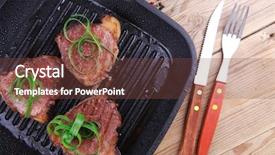  Presentation with roast beef - Slide set consisting of roast bloody beef fillet steaks on black teflon grill plate on wood background and a tawny brown colored foreground