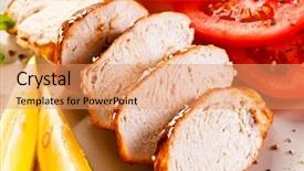  Presentation with chicken - PPT layouts enhanced with sliced roasted turkey breast - roast chicken fillet and vegetables background and a coral colored foreground