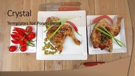 Presentation with cutlery - Slide deck featuring roast chicken legs garnished with green peas peppers and cutlery on white plates over wooden table background and a coral colored foreground