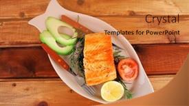  Presentation with salmon grilled fish salmon grilled - Amazing slide set having roast fish hot grilled salmon over glass plate on over wooden table backdrop and a gold colored foreground