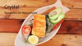  Presentation with salmon grilled fish salmon grilled - Beautiful presentation design featuring roast fish hot grilled salmon over glass plate on over wooden table backdrop and a yellow colored foreground