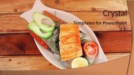  Presentation with salmon grilled fish salmon grilled - Beautiful theme featuring roast fish hot grilled salmon over glass plate on over wooden table backdrop and a coral colored foreground