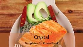  Presentation with salmon grilled fish salmon grilled - Theme consisting of roast fish hot grilled salmon over glass plate on over wooden table background and a gold colored foreground