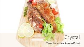  Presentation with served - Colorful presentation theme enhanced with roast golden fish on wooden plate served with lemon and salad backdrop and a lemonade colored foreground