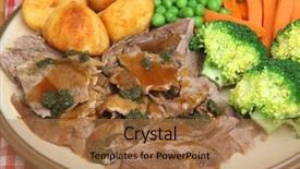  Presentation with dinner - PPT layouts featuring roast lamb dinner with vegetables gravy and mint sauce background and a coral colored foreground