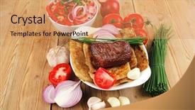  Presentation with roast beef - Slide deck consisting of roast meat beef lamb steak garnished with onion tomatoes salad and chives on wooden table background and a coral colored foreground