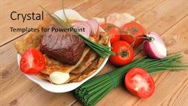  Presentation with roast beef - Colorful presentation theme enhanced with roast meat beef lamb steak garnished with onion tomatoes salad and chives on wooden table backdrop and a coral colored foreground