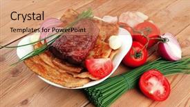  Presentation with roast beef - Presentation theme with roast meat beef lamb steak garnished with onion tomatoes salad and chives on wooden table background and a coral colored foreground