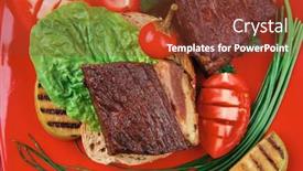  Presentation with roast beef - Slide set enhanced with roast meat beef pork steak garnished with vegetables juice and olives on red plate over wooden table background and a tawny brown colored foreground