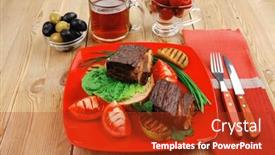  Presentation with roast beef - Presentation theme having roast meat beef pork steak garnished with vegetables juice and olives on red plate over wooden table background and a crimson colored foreground