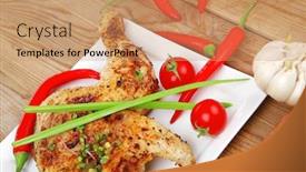  Presentation with peas - Beautiful theme featuring roast meat roasted chicken legs garnished with green peas peppers and garlic on white plates over wooden table backdrop and a coral colored foreground