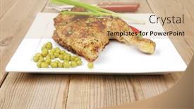  Presentation with peas - Theme enhanced with roast meat roasted chicken legs garnished with green peas peppers and garlic on white plates over wooden table background and a coral colored foreground