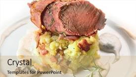  Presentation with pork bacon - Slides consisting of roast pork tenderloin with mushroom sauce and potatoes with bacon background and a coral colored foreground
