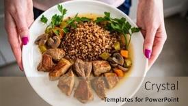  Presentation with mushrooms - Presentation having roast-pork-with-buckwheat-groats background and a  colored foreground