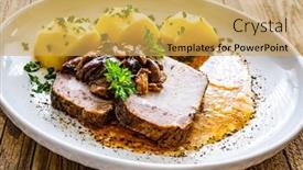  Presentation with sauce - Presentation with roast-pork-with-mushrooms-sauce background and a yellow colored foreground
