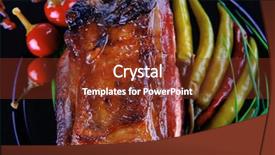  Presentation with bbq - Cool new presentation design with roast red beef meat bbq bloc served on black plate with green chives adn red hot pepper on black plate isolated over white background backdrop and a tawny brown colored foreground