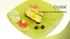  Presentation with fishing plastics bottles in the sea - Cool new slides with roast sea sole fish fillet served on bread with tomatoes olives and chives on green plate isolated over white background backdrop and a yellow colored foreground