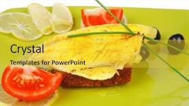  Presentation with green plate - Cool new presentation theme with roast sea sole fish fillet served on bread with tomatoes olives and chives on green plate isolated over white background backdrop and a yellow colored foreground