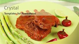  Presentation with roast beef - PPT theme consisting of roast stew beef pork meat served with vegetables on green plate and cutlery on napkin over wooden table with red hot peppers background and a soft green colored foreground