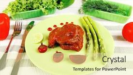  Presentation with beef meat soup stew - Presentation theme enhanced with roast-stew-beef-pork-meat background and a blonde colored foreground