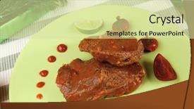  Presentation with roast beef - PPT theme featuring roast stew beef pork meat served with vegetables on green plate and cutlery on napkin over wooden table with red hot peppers background and a soft green colored foreground