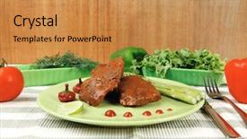  Presentation with roast beef - Beautiful slides featuring roast stew beef pork meat served with vegetables on green plate and cutlery on napkin over wooden table with red hot peppers backdrop and a gold colored foreground