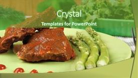  Presentation with roast beef - PPT layouts enhanced with roast stew beef pork meat served with vegetables on green plate and cutlery on napkin over wooden table with red hot peppers background and a tawny brown colored foreground