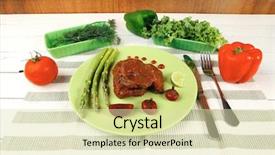  Presentation with roast beef - Amazing slide deck having roast stew beef pork meat served with vegetables on green plate and cutlery on napkin over wooden table with red hot peppers backdrop and a soft green colored foreground