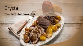  Presentation with apple - Cool new PPT layouts with roast with potatoes and apple backdrop and a coral colored foreground