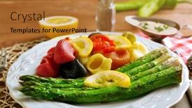  Presentation with asparagus - Cool new PPT theme with roasted asparagus and tasty colorful pasta with vegetables on plate on wooden table background backdrop and a red colored foreground