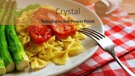  Presentation with asparagus - PPT layouts having roasted asparagus and tasty pasta with vegetables on plate on wooden table background background and a gold colored foreground