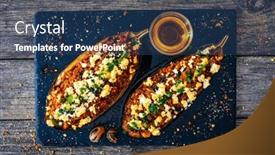  Presentation with meat - PPT theme with roasted-aubergine-stuffed-with-minced background and a ocean colored foreground