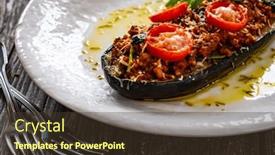  Presentation with meat - Slides consisting of roasted-aubergine-stuffed-with-minced background and a tawny brown colored foreground